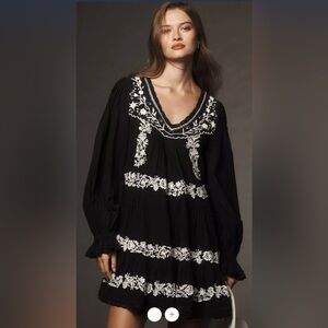 By Anthropologie Long-Sleeve Embroidered Pintuck Swing Mini Dress